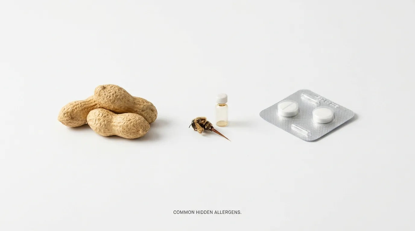 Common allergens including peanuts, medication pills, and an insect