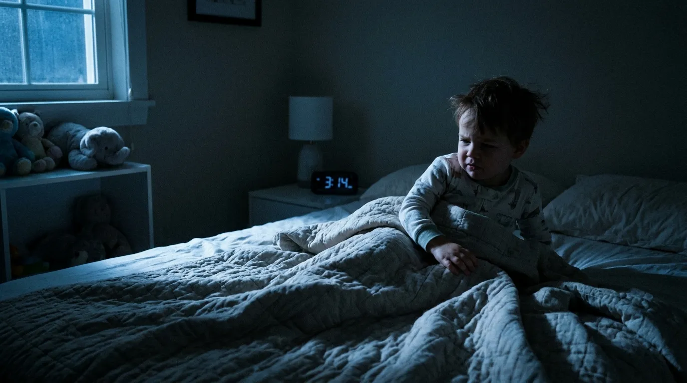 Child tossing and turning in bed at night, looking uncomfortable in pajamas