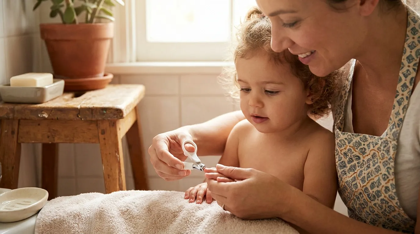 Mother carefully clipping her childs fingernails in the bathroom