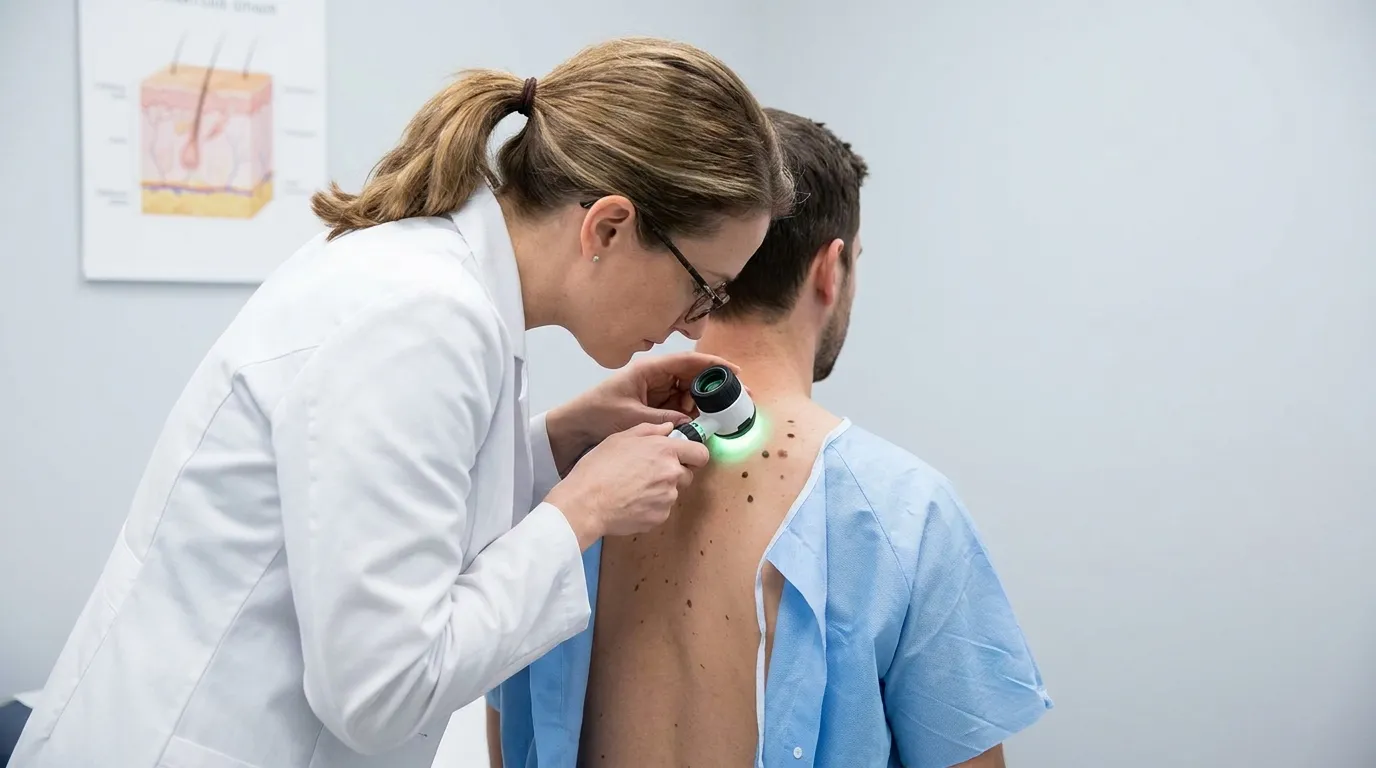 Dermatologist examining a patient's back with a dermatoscope
