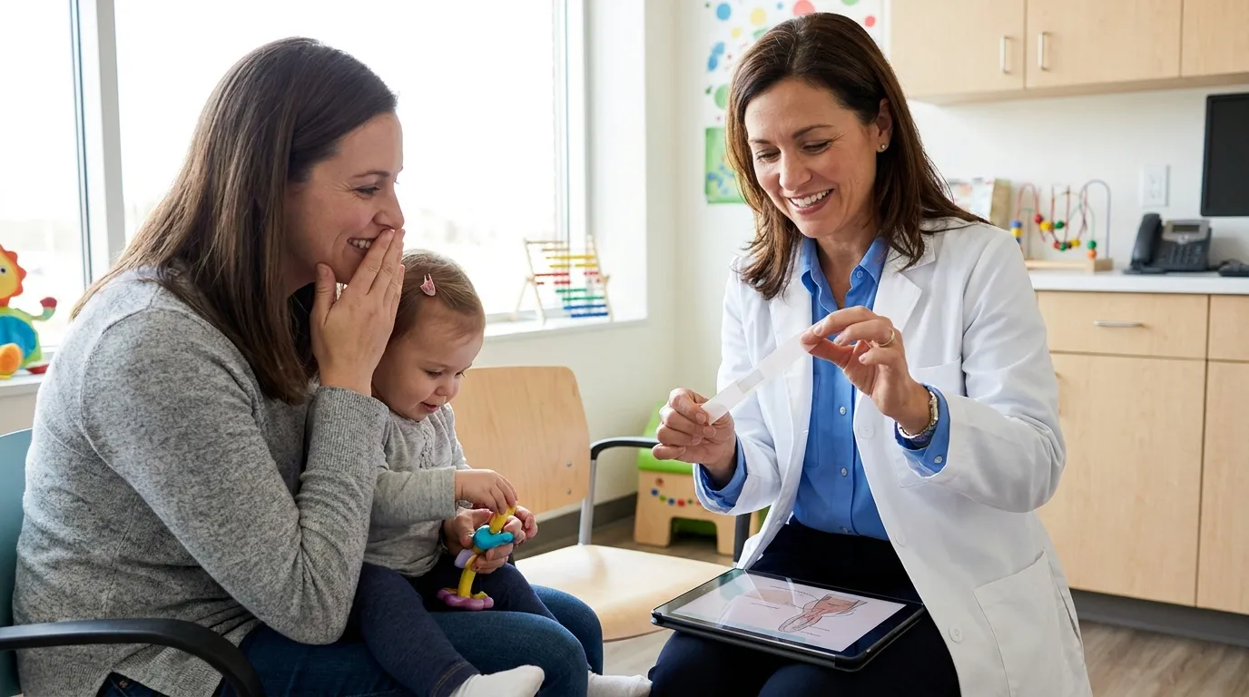 Pediatrician explaining the adhesive tape test to a parent in a clinic