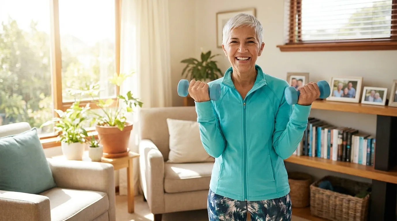 Eleanor, a 68-year-old woman, lifting light dumbbells in her living room
