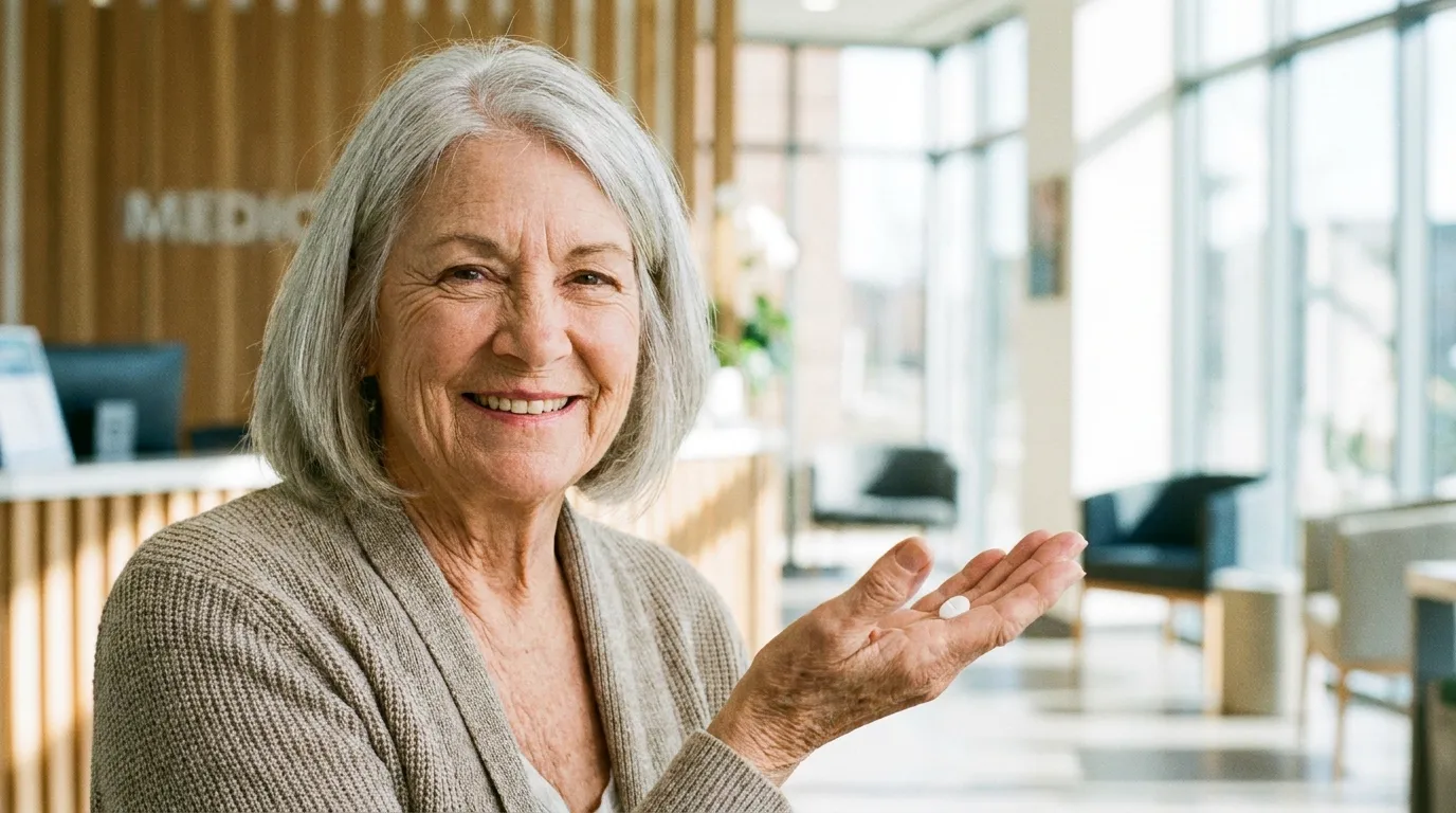 Eleanor, a 68-year-old woman, holding a pristine white daily pill in a modern medical office