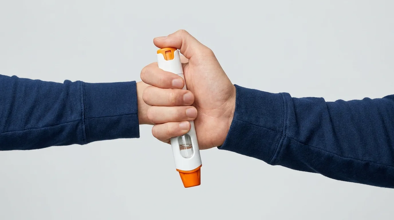 Hand firmly gripping an epinephrine auto-injector ready to be administered