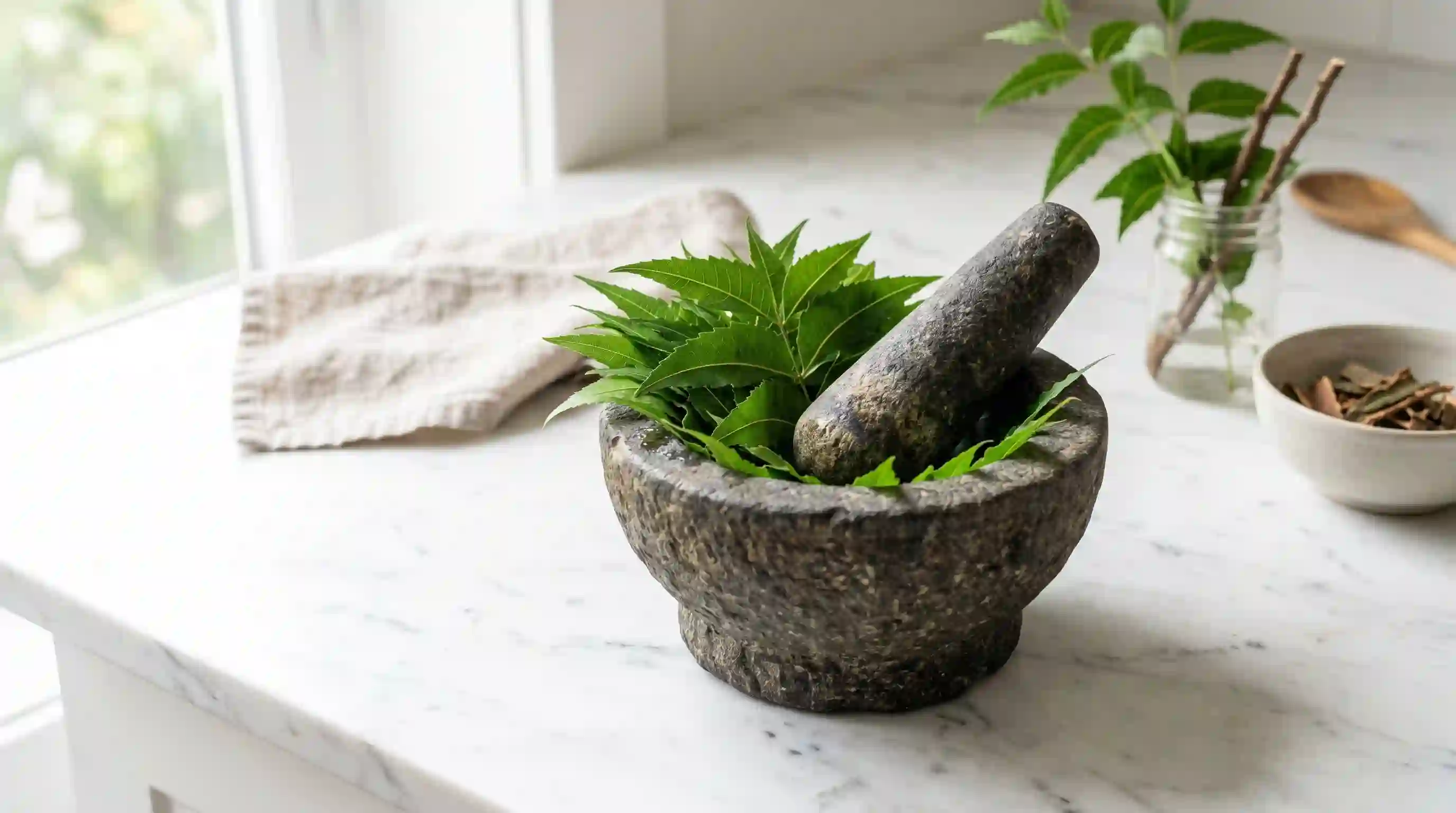 Fresh green neem leaves in a mortar and pestle