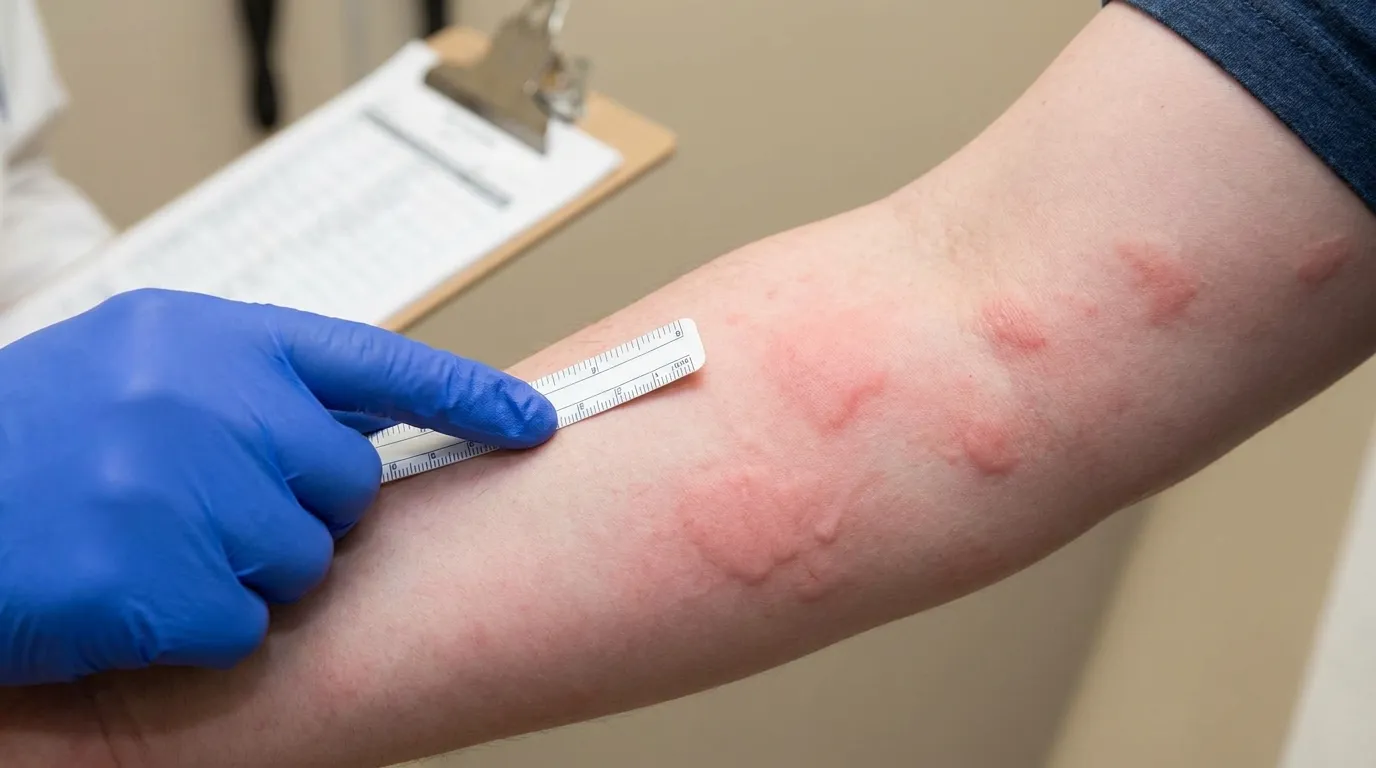 Close up of raised red hives on a person's arm indicating an allergic reaction