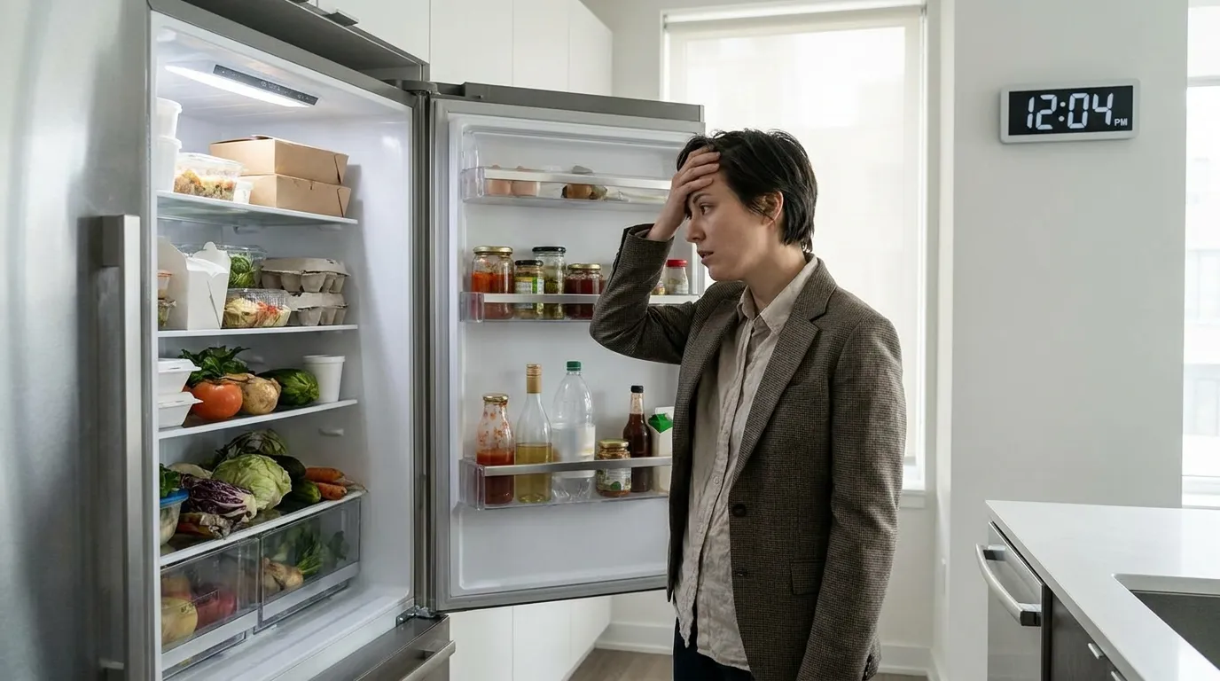 Stressed professional staring into an open refrigerator looking for lunch