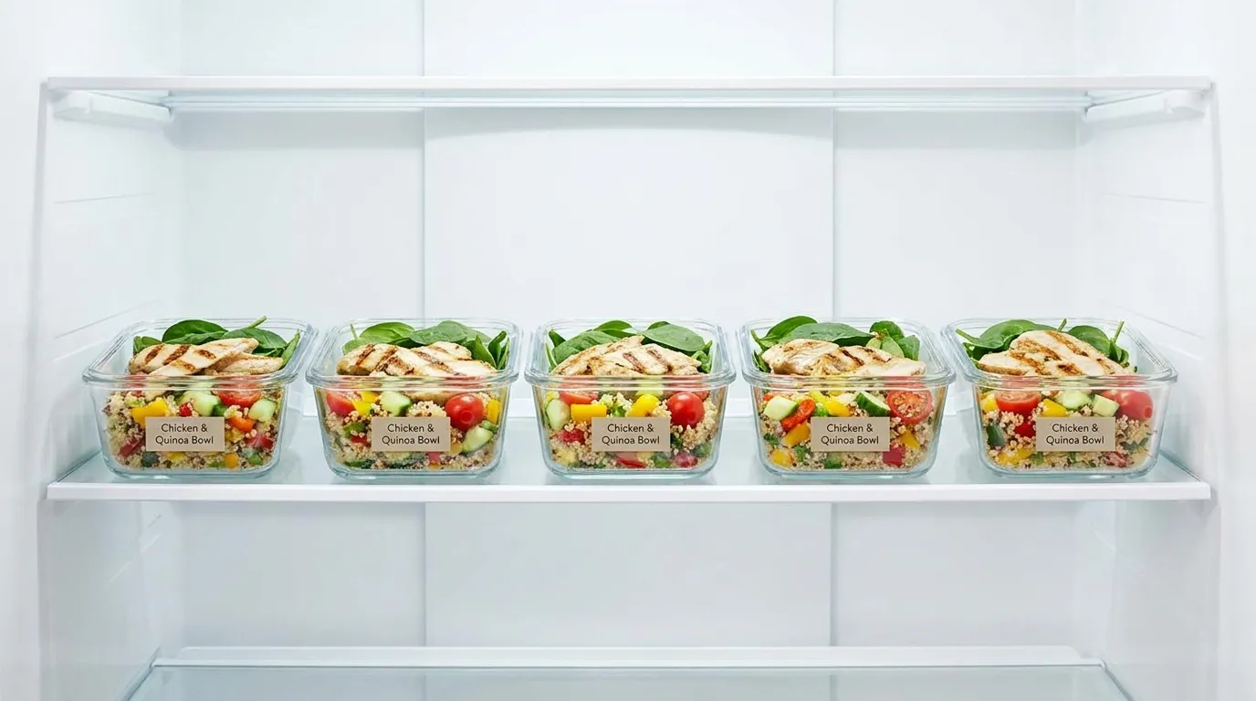 Identical healthy meal prep containers lined up on a kitchen counter
