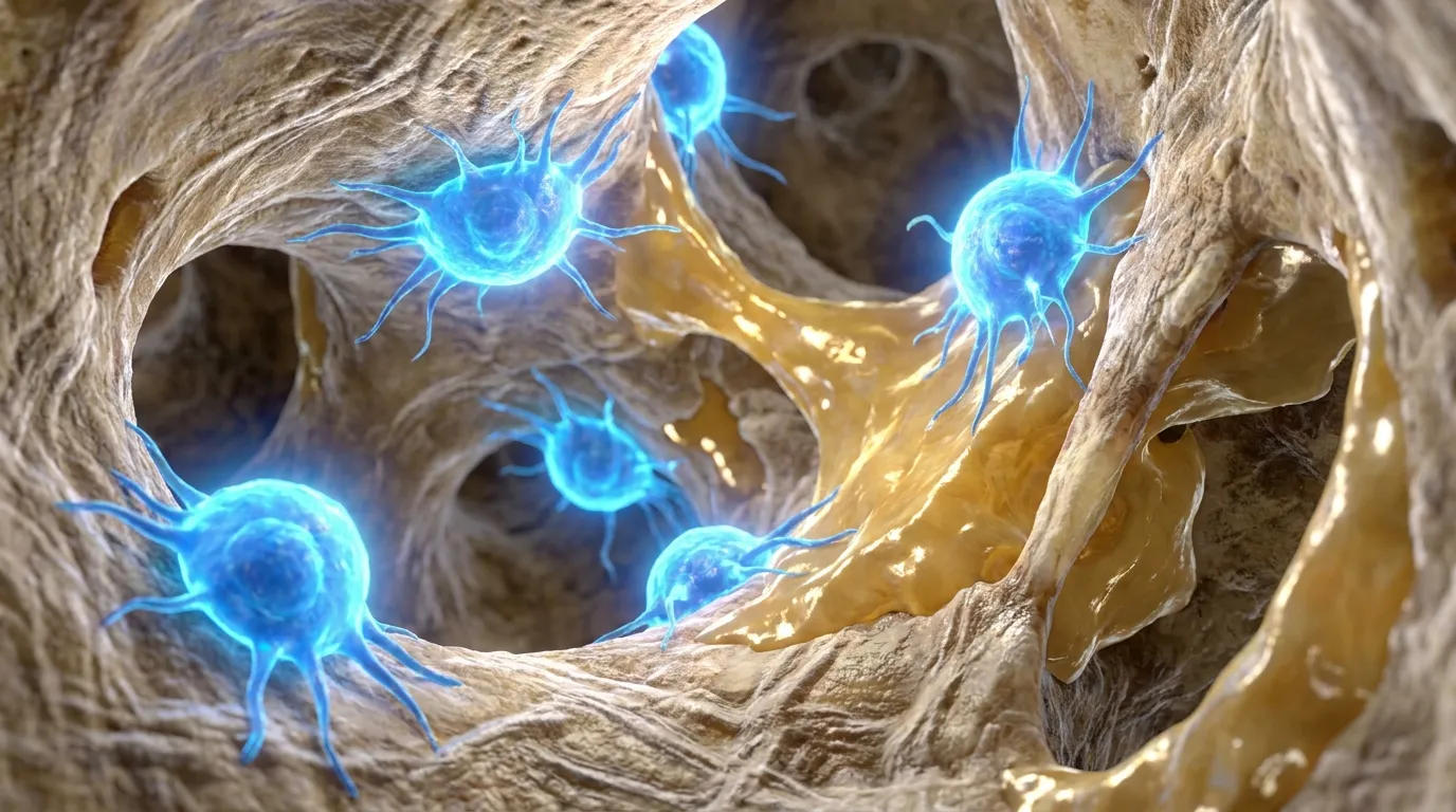 Microscopic 3D rendering of glowing blue osteoblast cells rebuilding golden bone matrix