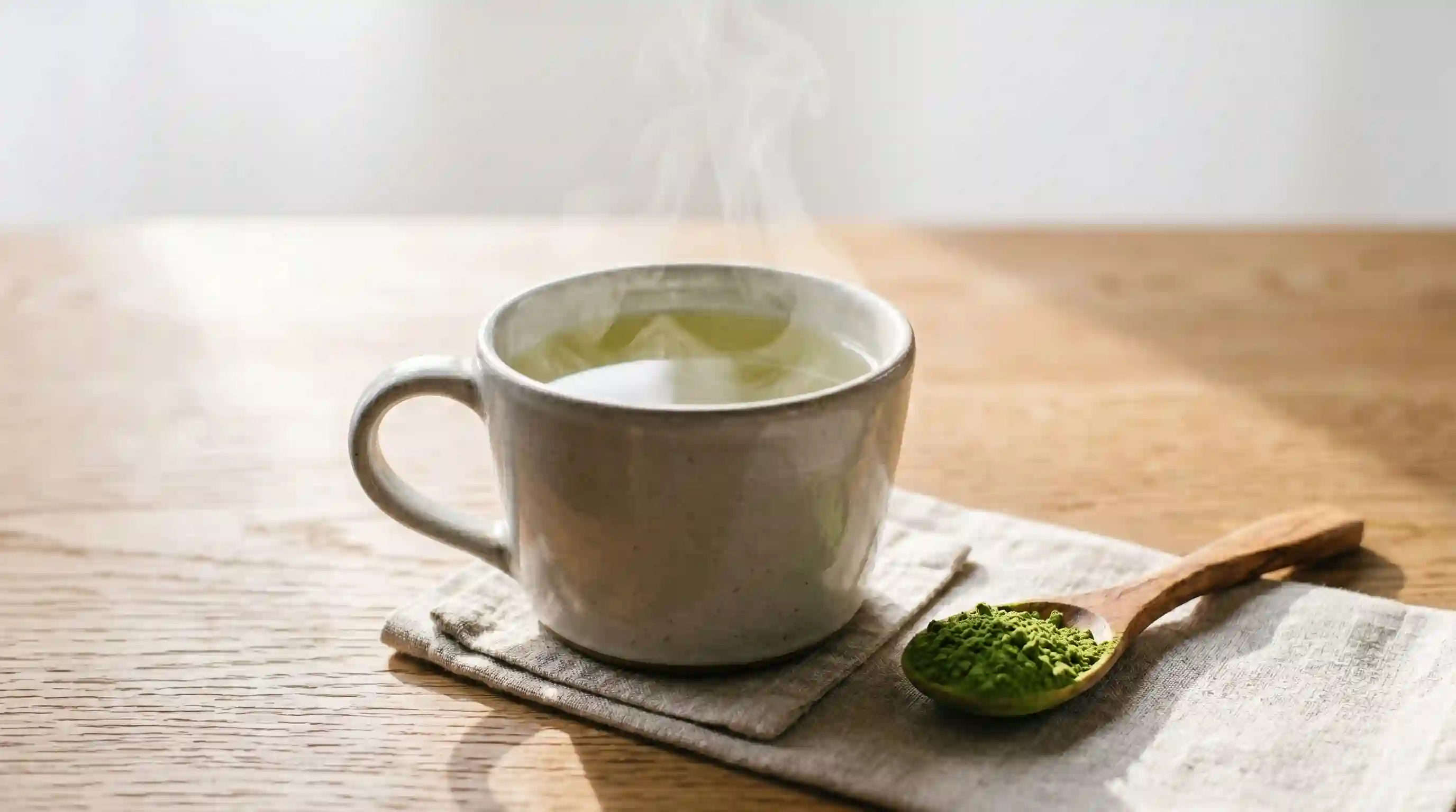 Steaming cup of green neem tea and powder on a wooden table