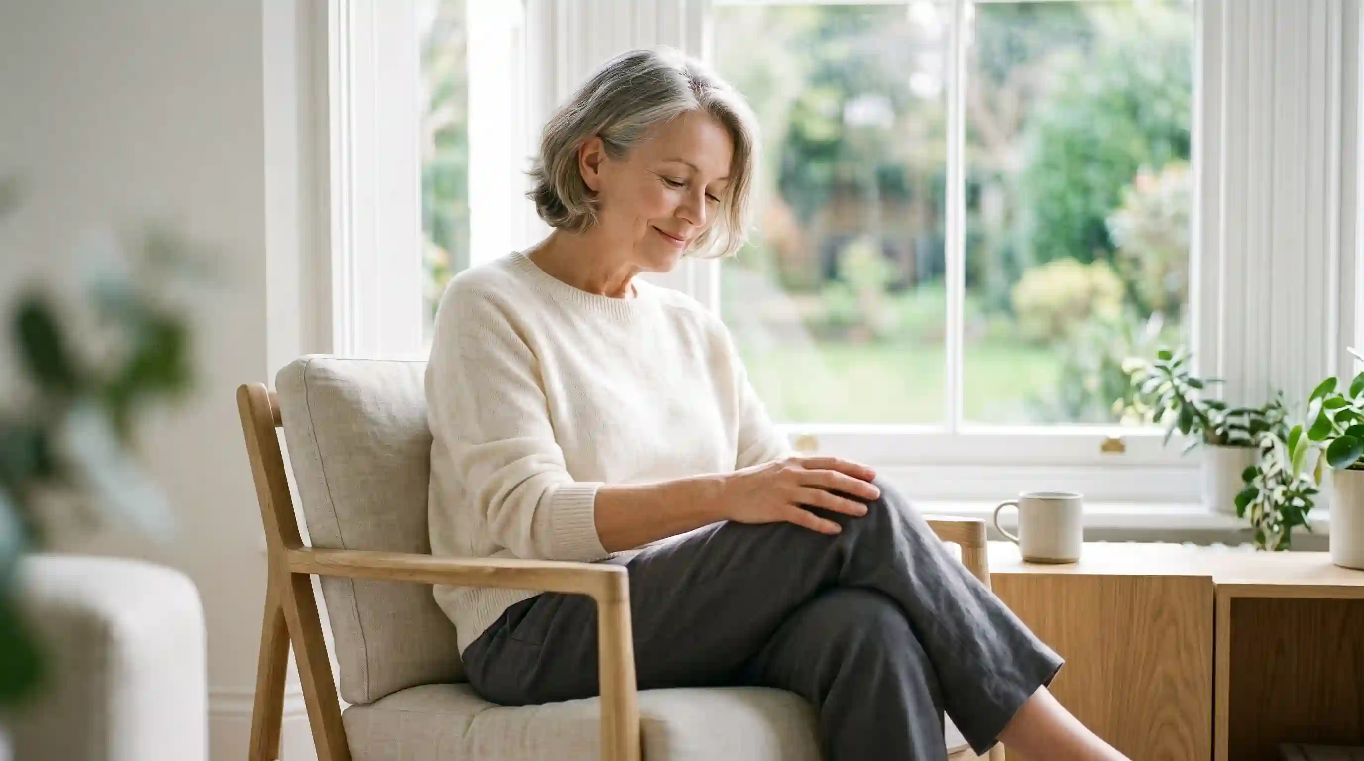Person touching a pain-free knee in the morning light