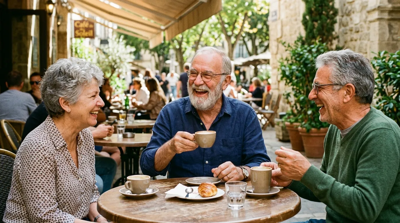 Older man laughing with friends at a sunny outdoor cafe