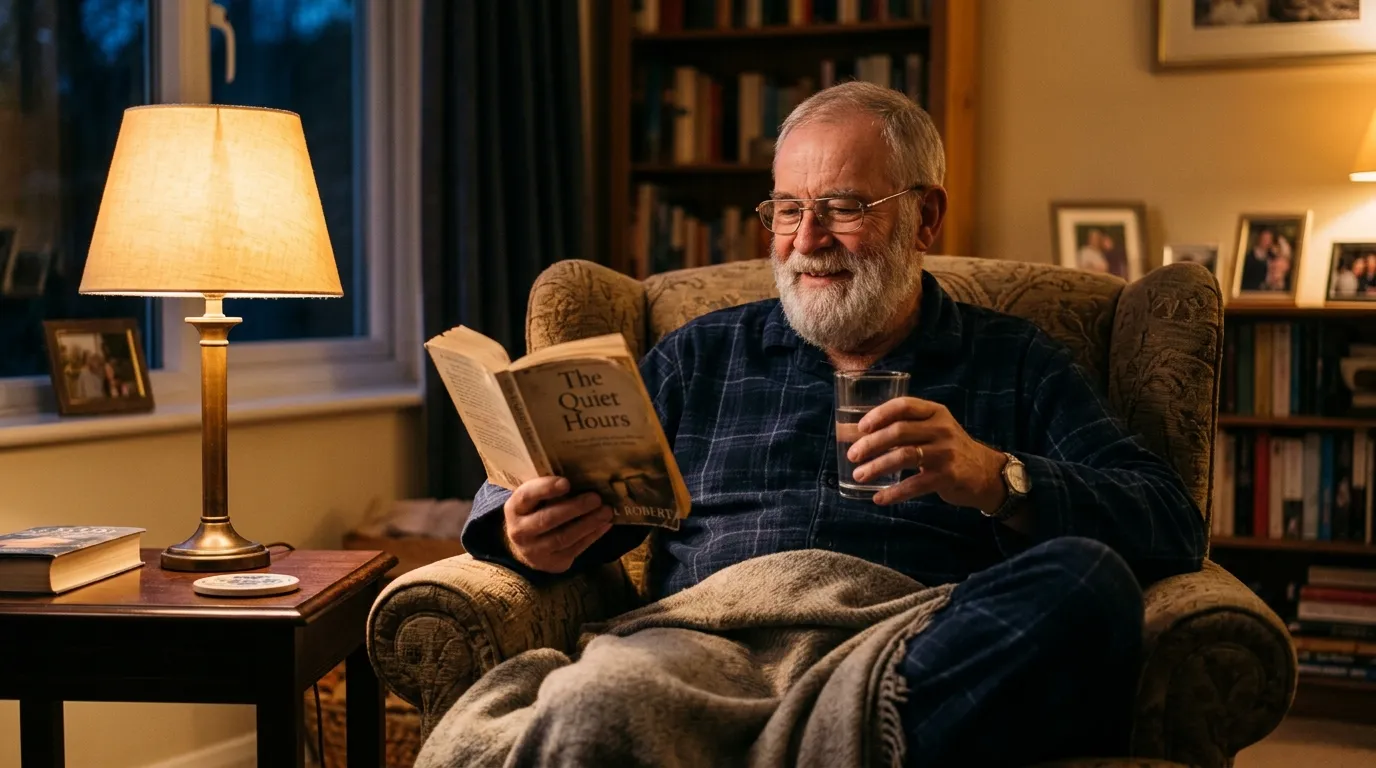 Older man relaxing in an armchair with a book and a glass of water
