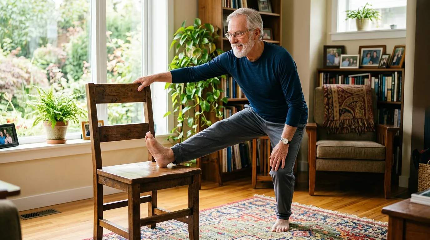 Older man doing light stretching while holding a chair for balance