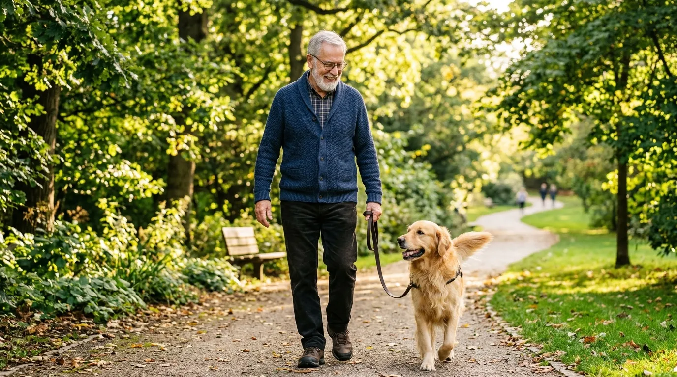 A cheerful 72-year-old man walking his dog in a sun-dappled park