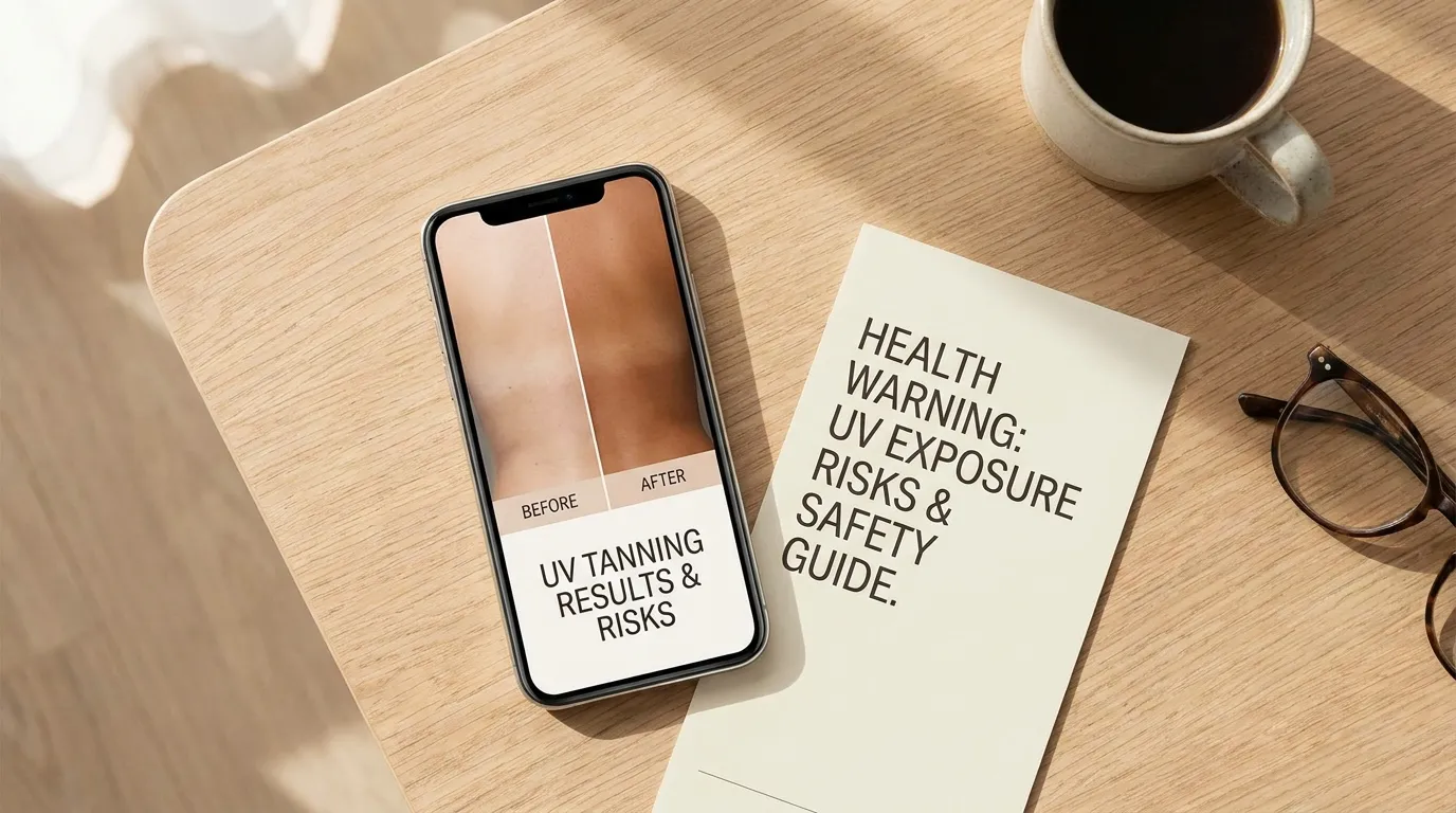 Smartphone showing a before and after tanning transformation next to a medical warning